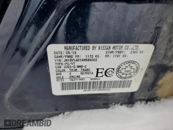 2019 Infiniti Q70 Luxe with VIN JN1BY1AR1KM586002, listed as a Copart auction lot 46111645 with 68,244 mi miles and Salvage title. Bid and sale history available at DreamBid. Image 12.