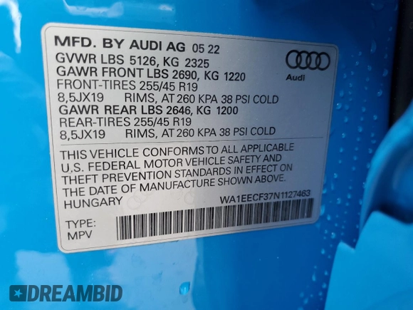 2022 Audi Q3 S line Premium Plus with VIN WA1EECF37N1127463, listed as a Copart auction lot 65860472 with 94 mi miles. Bid and sale history available at carsss.com. Image 10.