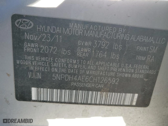 2012 Hyundai Elantra GLS PZEV with VIN 5NPDH4AE6CH126592, listed as a Copart auction lot 49733865 with 125,450 mi miles and Salvage Title. Bid and sale history available at carsss.com. Image 13.