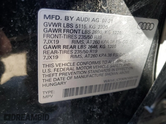 2022 Audi Q3 Premium with VIN WA1AUCF30N1006159, listed as a Copart auction lot 81785574 with 53,880 mi miles and Salvage Title. Bid and sale history available at carsss.com. Image 13.