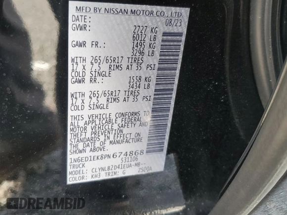 2023 Nissan Frontier Pro-4X z VIN 1N6ED1EK8PN674868, wystawiony jako Copart lot #50262715 z przebiegiem 13 545 mil mil oraz Szkoda całkowita • Salvage title. Historia ofert i sprzedaży dostępna na DreamBid. Obrazek 12.