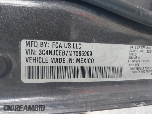 2021 Jeep Compass 80th Anniversary with VIN 3C4NJCEB7MT596909, listed as a IAAI auction lot 41376547 with 54,058 mi miles and . Bid and sale history available at DreamBid. Image 9.