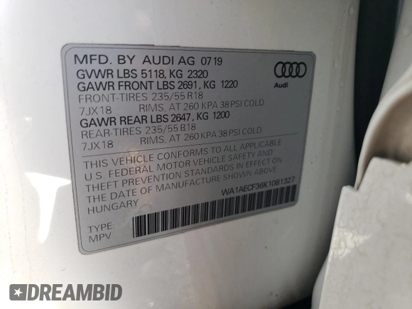 2019 Audi Q3 Premium with VIN WA1AECF36K1081327, listed as a Copart auction lot 79552114 with 101,715 mi miles and Clean Title. Bid and sale history available at carsss.com. Image 13.