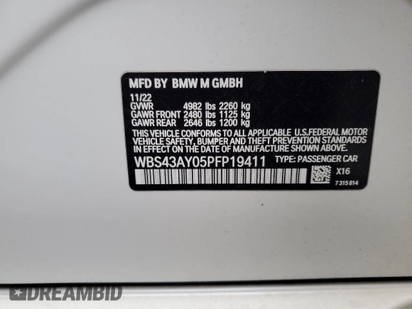 2023 BMW M3 Competition xDrive z VIN WBS43AY05PFP19411, wystawiony jako Copart lot #85955874 z przebiegiem 18 709 mil mil oraz Szkoda całkowita • Salvage title. Historia ofert i sprzedaży dostępna na DreamBid. Obrazek 14.