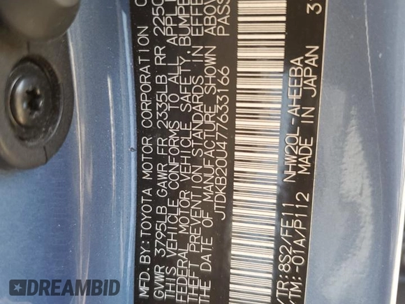 2007 Toyota Prius with VIN JTDKB20U477633166, listed as a Copart auction lot 61981615 with 153,491 mi miles and Salvage title. Bid and sale history available at DreamBid. Image 12.