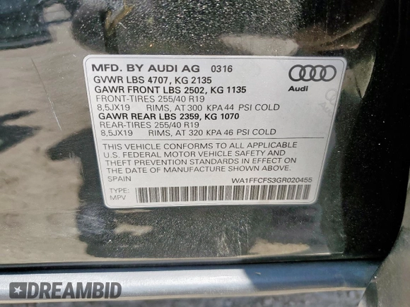 2016 Audi Q3 Prestige with VIN WA1FFCFS3GR020455, listed as a Copart auction lot 59219665 with 93,480 mi miles and Salvage title. Bid and sale history available at DreamBid. Image 12.