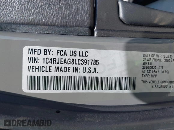 2020 Jeep Grand Cherokee Altitude with VIN 1C4RJEAG8LC391785, listed as a IAAI auction lot 42030302 with 55,622 mi miles and . Bid and sale history available at DreamBid. Image 9.