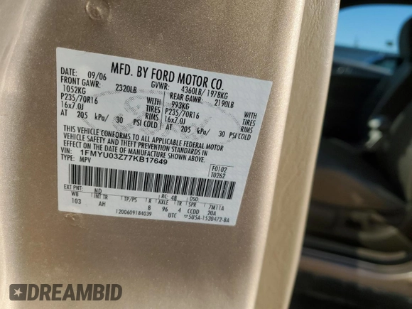 2007 Ford Escape XLT with VIN 1FMYU03Z77KB17649, listed as a Copart auction lot 81213684 with 113,011 mi miles and Salvage Title. Bid and sale history available at carsss.com. Image 13.