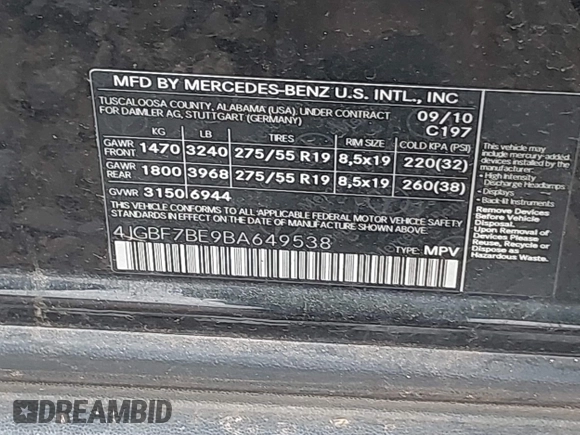 2011 Mercedes-Benz GL-Class GL 450 with VIN 4JGBF7BE9BA649538, listed as a IAAI auction lot 41789876 with 164,423 mi miles. Bid and sale history available at carsss.com. Image 9.