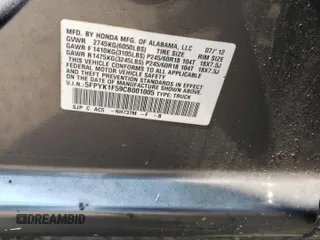 2012 Honda Ridgeline RTL z VIN 5FPYK1F59CB001005, wystawiony jako Copart lot #59713305 z przebiegiem 204 963 mil mil oraz Szkoda całkowita • Salvage title. Historia ofert i sprzedaży dostępna na DreamBid. Obrazek 12.