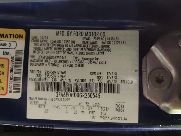 2016 Ford Fusion SE with VIN 3FA6P0HD0GR250545, listed as a IAAI auction lot 41295405 with 173,414 mi miles. Bid and sale history available at carsss.com. Image 9.