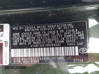2011 Toyota Camry LE with VIN 4T4BF3EK1BR089092, listed as a IAAI auction lot 42179116 with 211,788 mi miles. Bid and sale history available at carsss.com. Image 9.