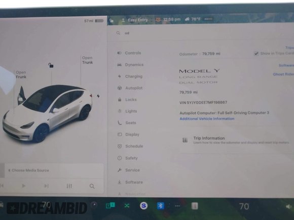2021 Tesla Model Y Long Range with VIN 5YJYGDEE7MF198867, listed as a IAAI auction lot 42117463 with 79,759 mi miles and . Bid and sale history available at DreamBid. Image 7.