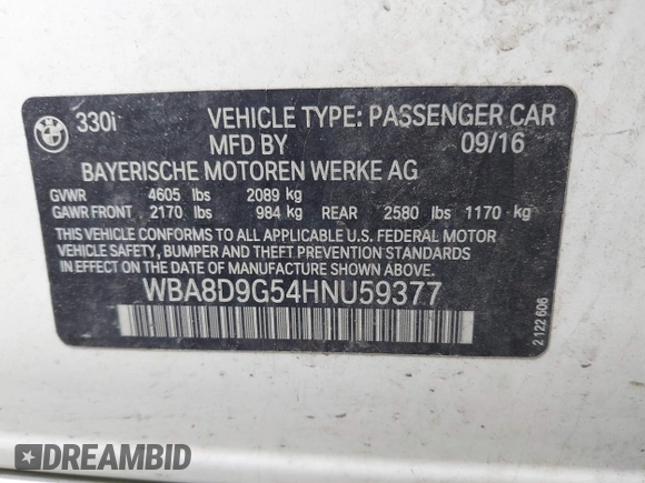 2017 BMW 3 Series 330i xDrive with VIN WBA8D9G54HNU59377, listed as a IAAI auction lot 42350863 with 114,614 mi miles and . Bid and sale history available at DreamBid. Image 9.