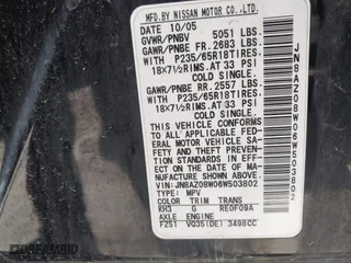 2006 Nissan Murano SL with VIN JN8AZ08W06W503802, listed as a IAAI auction lot 42092158 with 189,052 mi miles. Bid and sale history available at carsss.com. Image 9.