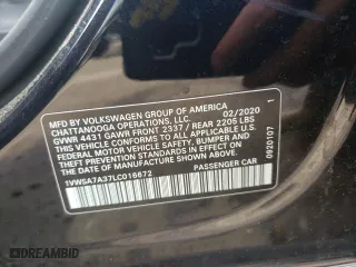 2020 Volkswagen Passat 2.0T SE with VIN 1VWSA7A37LC016672, listed as a Copart auction lot 51598285 with 134,298 mi miles and Salvage Title. Bid and sale history available at carsss.com. Image 12.