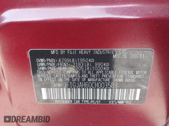 2012 Subaru Impreza Limited с VIN JF1GJAH60CH003583, выставлен на аукционе IAAI как лот 42128434 с пробегом 195 444 миль миль и . История ставок и продаж доступна на DreamBid. Изображение 9.