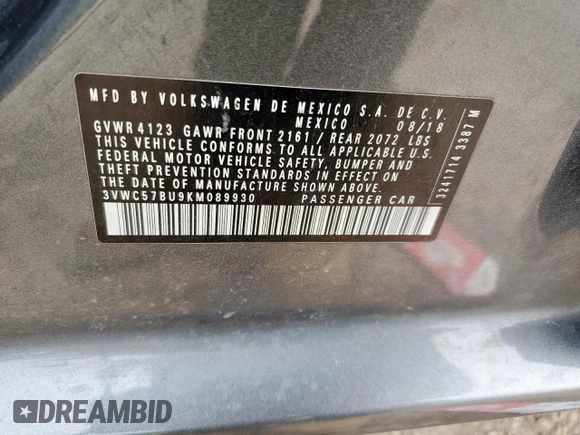 2019 Volkswagen Jetta S with VIN 3VWC57BU9KM089930, listed as a Copart auction lot 58859305 with 63,603 mi miles and Salvage title. Bid and sale history available at DreamBid. Image 12.