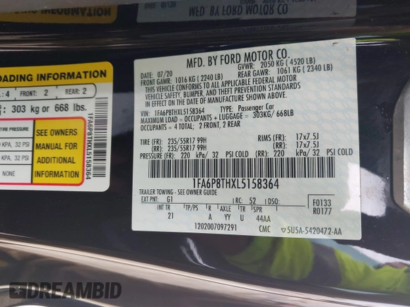 2020 Ford Mustang EcoBoost with VIN 1FA6P8THXL5158364, listed as a IAAI auction lot 42398017 with 38,733 mi miles and . Bid and sale history available at DreamBid. Image 9.