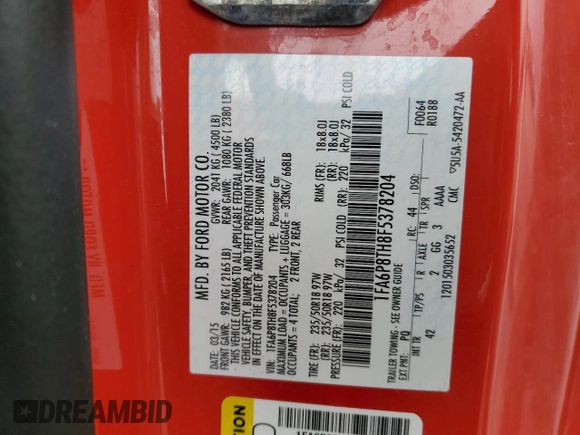 2015 Ford Mustang EcoBoost z VIN 1FA6P8TH8F5378204, wystawiony jako Copart lot #49184795 z przebiegiem 74 790 mil mil oraz Szkoda całkowita • Salvage title. Historia ofert i sprzedaży dostępna na DreamBid. Obrazek 14.