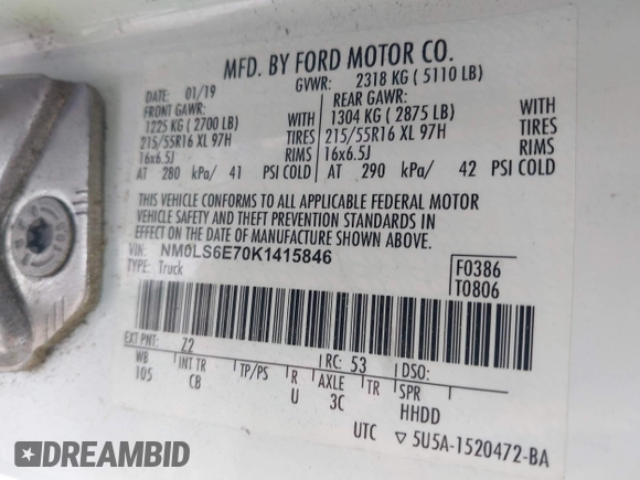 2019 Ford Transit Connect XL with VIN NM0LS6E70K1415846, listed as a IAAI auction lot 40646557 with 67,152 mi miles and . Bid and sale history available at DreamBid. Image 9.