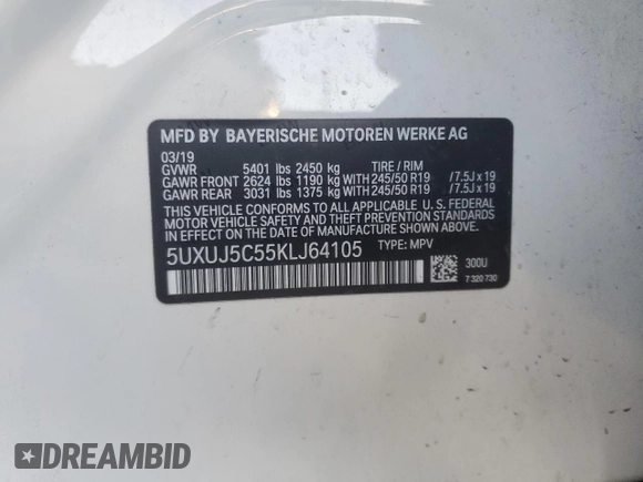 2019 BMW X4 M40i with VIN 5UXUJ5C55KLJ64105, listed as a Copart auction lot 87162014 with 92,946 mi miles and Salvage title. Bid and sale history available at DreamBid. Image 14.