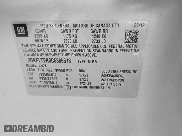2012 GMC Terrain SLE-2 with VIN 2GKFLTEK3C6385678, listed as a IAAI auction lot 41386310 with 94,174 mi miles. Bid and sale history available at carsss.com. Image 9.