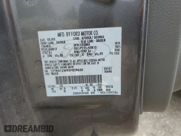 2005 Ford F-150 STX with VIN 1FTRX12W95FB29630, listed as a Copart auction lot 51156355 with 197,091 mi miles and Salvage Title. Bid and sale history available at carsss.com. Image 12.