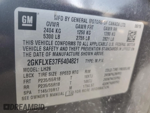 2015 GMC Terrain SLT with VIN 2GKFLXE37F6404821, listed as a Copart auction lot 75650484 with 117,409 mi miles and Salvage Title. Bid and sale history available at DreamBid. Image 12.