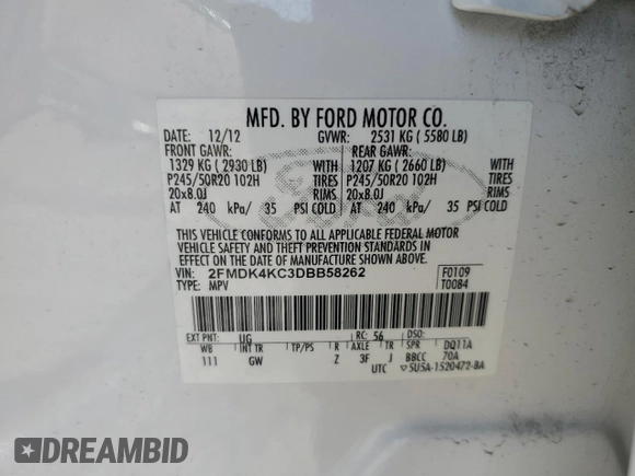 2013 Ford Edge Limited with VIN 2FMDK4KC3DBB58262, listed as a Copart auction lot 52148045 with 61,457 mi miles and Salvage Title. Bid and sale history available at carsss.com. Image 13.