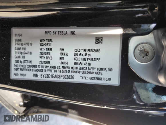 2025 Tesla Model 3 Long Range with VIN 5YJ3E1EA0SF902836, listed as a Copart auction lot 49674245 with 3,302 mi miles and Salvage Title. Bid and sale history available at DreamBid. Image 15.