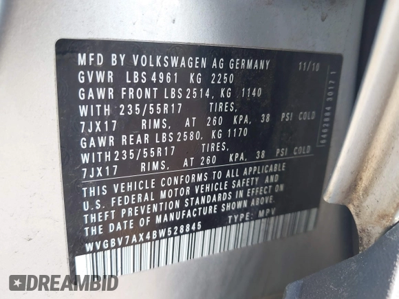 2011 Volkswagen Tiguan SE with VIN WVGBV7AX4BW528845, listed as a IAAI auction lot 42248245 with 224,808 mi miles and . Bid and sale history available at DreamBid. Image 9.