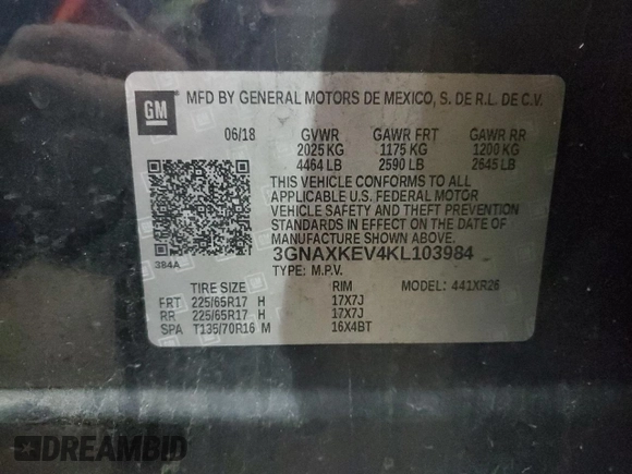 2019 Chevrolet Equinox LT with VIN 3GNAXKEV4KL103984, listed as a Copart auction lot 47667625 with 190,884 mi miles and Clean Title. Bid and sale history available at DreamBid. Image 13.