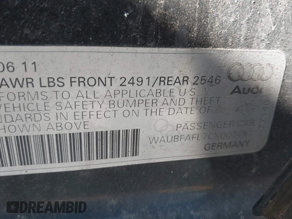 2012 Audi A4 2.0T Premium with VIN WAUBFAFL7CN002492, listed as a IAAI auction lot 41918709 with 129,304 mi miles. Bid and sale history available at carsss.com. Image 9.