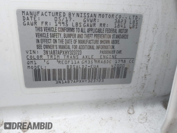 2017 Nissan Sentra S with VIN 3N1AB7APXHY323723, listed as a IAAI auction lot 41941851 with 108,996 mi miles and . Bid and sale history available at carsss.com. Image 9.