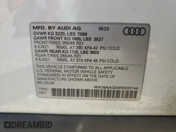 2024 Audi Q8 e-tron z VIN WA16AAGE9RB020144, wystawiony jako Copart lot #57145455 z przebiegiem 23 799 mil mil oraz Szkoda całkowita • Salvage title. Historia ofert i sprzedaży dostępna na DreamBid. Obrazek 14.