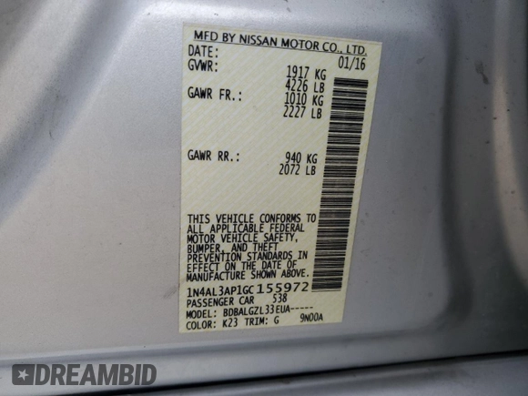 2016 Nissan Altima S with VIN 1N4AL3AP1GC155972, listed as a Copart auction lot 83660624 with 177,461 mi miles and Salvage Title. Bid and sale history available at carsss.com. Image 12.