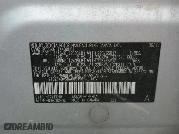 2011 Toyota RAV4 with VIN 2T3ZF4DV5BW085158, listed as a Copart auction lot 55412445 with 174,190 mi miles and Non Repairable. Bid and sale history available at DreamBid. Image 12.