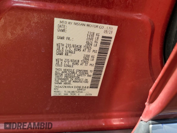 2020 Nissan Murano SV z VIN 5N1AZ2BJ0LN106348, wystawiony jako Copart lot #52175985 z przebiegiem 79 087 mil mil oraz Szkoda całkowita • Salvage title. Historia ofert i sprzedaży dostępna na DreamBid. Obrazek 14.