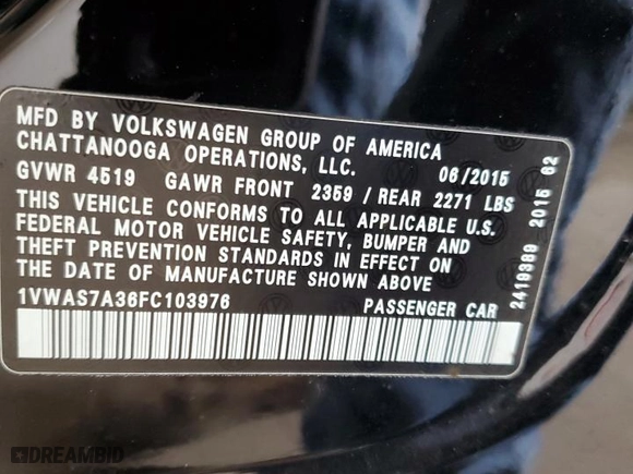 2015 Volkswagen Passat 1.8T Limited Edition with VIN 1VWAS7A36FC103976, listed as a Copart auction lot 50385035 with 103,726 mi miles and Salvage Title. Bid and sale history available at carsss.com. Image 12.