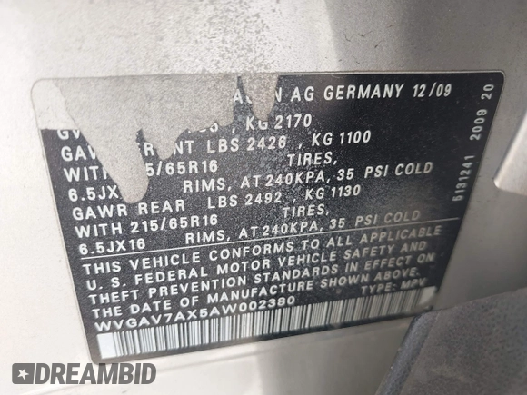 2010 Volkswagen Tiguan S with VIN WVGAV7AX5AW002380, listed as a IAAI auction lot 42604662 with 124,841 mi miles and . Bid and sale history available at DreamBid. Image 9.