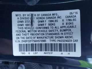 2016 Honda Civic Sedan EX with VIN 2HGFC2F75GH573985, listed as a IAAI auction lot 41161648 with 106,687 mi miles. Bid and sale history available at carsss.com. Image 9.