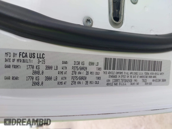 2015 Ram 1500 Big Horn with VIN 1C6RR7LT5FS642438, listed as a IAAI auction lot 41613125 with 217,079 mi miles and . Bid and sale history available at DreamBid. Image 9.