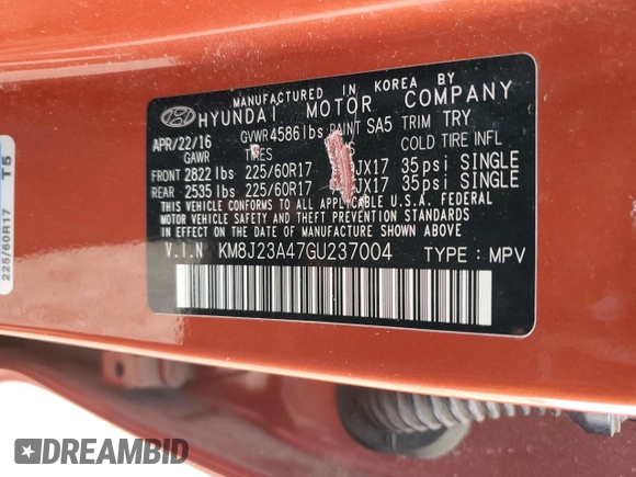 2016 Hyundai Tucson SE z VIN KM8J23A47GU237004, wystawiony jako Copart lot #86397284 z przebiegiem 78 115 mil mil oraz Szkoda całkowita • Salvage title. Historia ofert i sprzedaży dostępna na DreamBid. Obrazek 12.