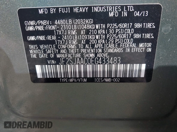 2014 Subaru Forester 2.5i with VIN JF2SJAAC0EG433483, listed as a IAAI auction lot 41836560 with 231,638 mi miles. Bid and sale history available at carsss.com. Image 9.