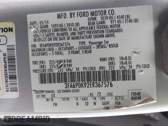 2014 Ford Fusion Titanium with VIN 3FA6P0K92ER367576, listed as a IAAI auction lot 42062207 with 171,351 mi miles. Bid and sale history available at carsss.com. Image 9.