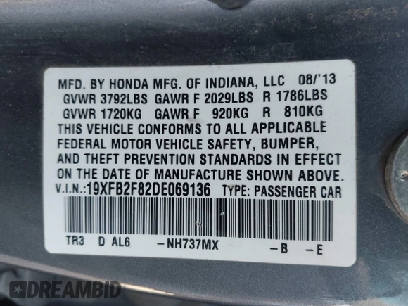 2013 Honda Civic EX with VIN 19XFB2F82DE069136, listed as a IAAI auction lot 42020405 with 181,300 mi miles and . Bid and sale history available at DreamBid. Image 9.