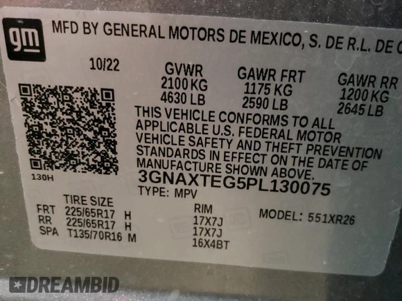2023 Chevrolet Equinox LT with VIN 3GNAXTEG5PL130075, listed as a Copart auction lot 57128285 with 8,024 mi miles and Salvage title. Bid and sale history available at DreamBid. Image 13.