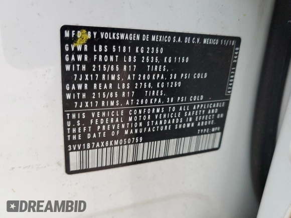 2019 Volkswagen Tiguan S with VIN 3VV1B7AX6KM050759, listed as a Copart auction lot 58044845 with 80,820 mi miles and Non repairable. Bid and sale history available at DreamBid. Image 13.