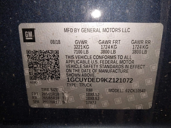 2019 Chevrolet Silverado 1500 LT with VIN 1GCUYDED9KZ121072, listed as a IAAI auction lot 41391898 with 94,456 mi miles. Bid and sale history available at carsss.com. Image 9.